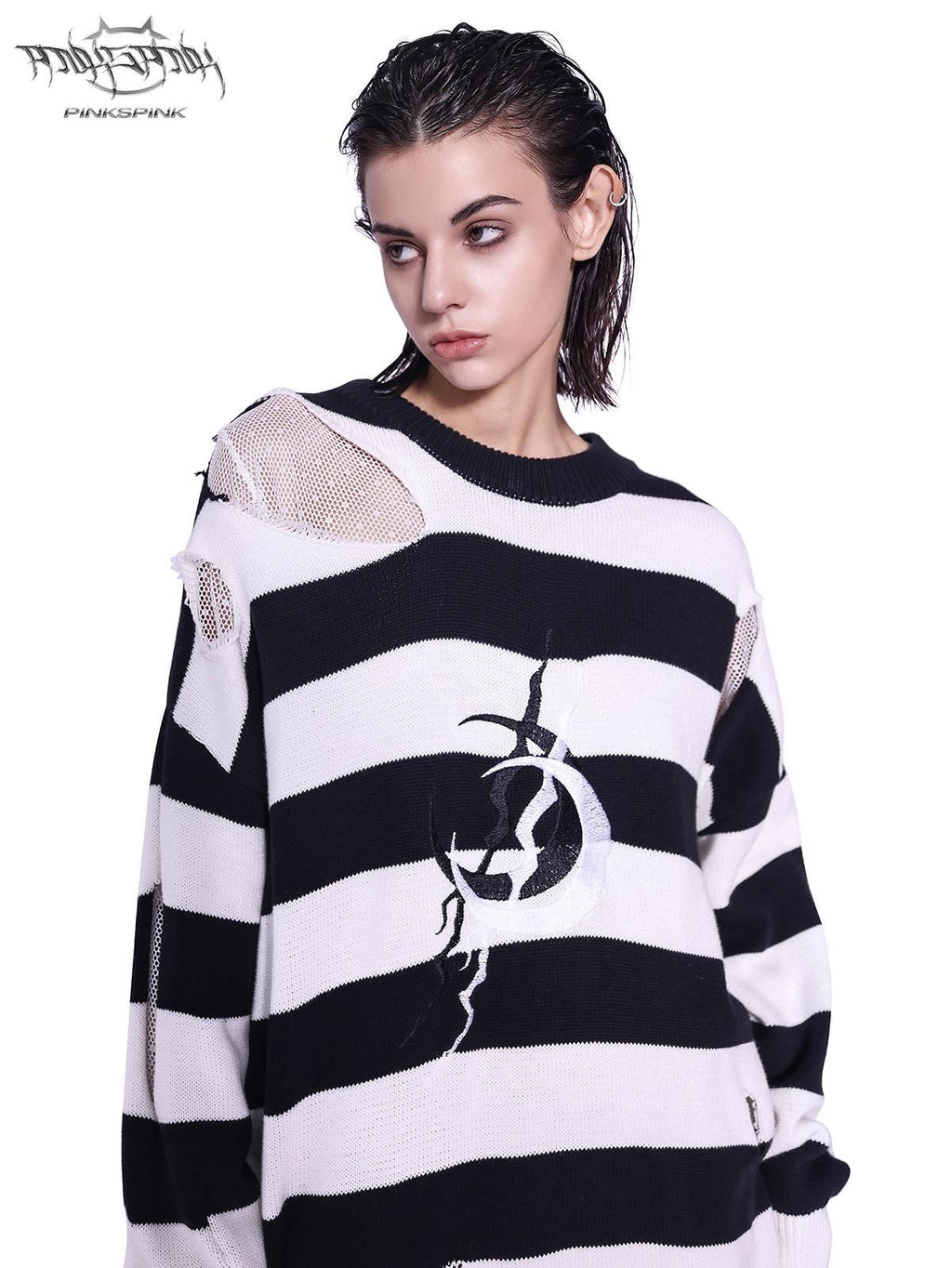 PINKSPINK Black White Striped Offset Embroidery Distressed Women's Knitted Sweaters