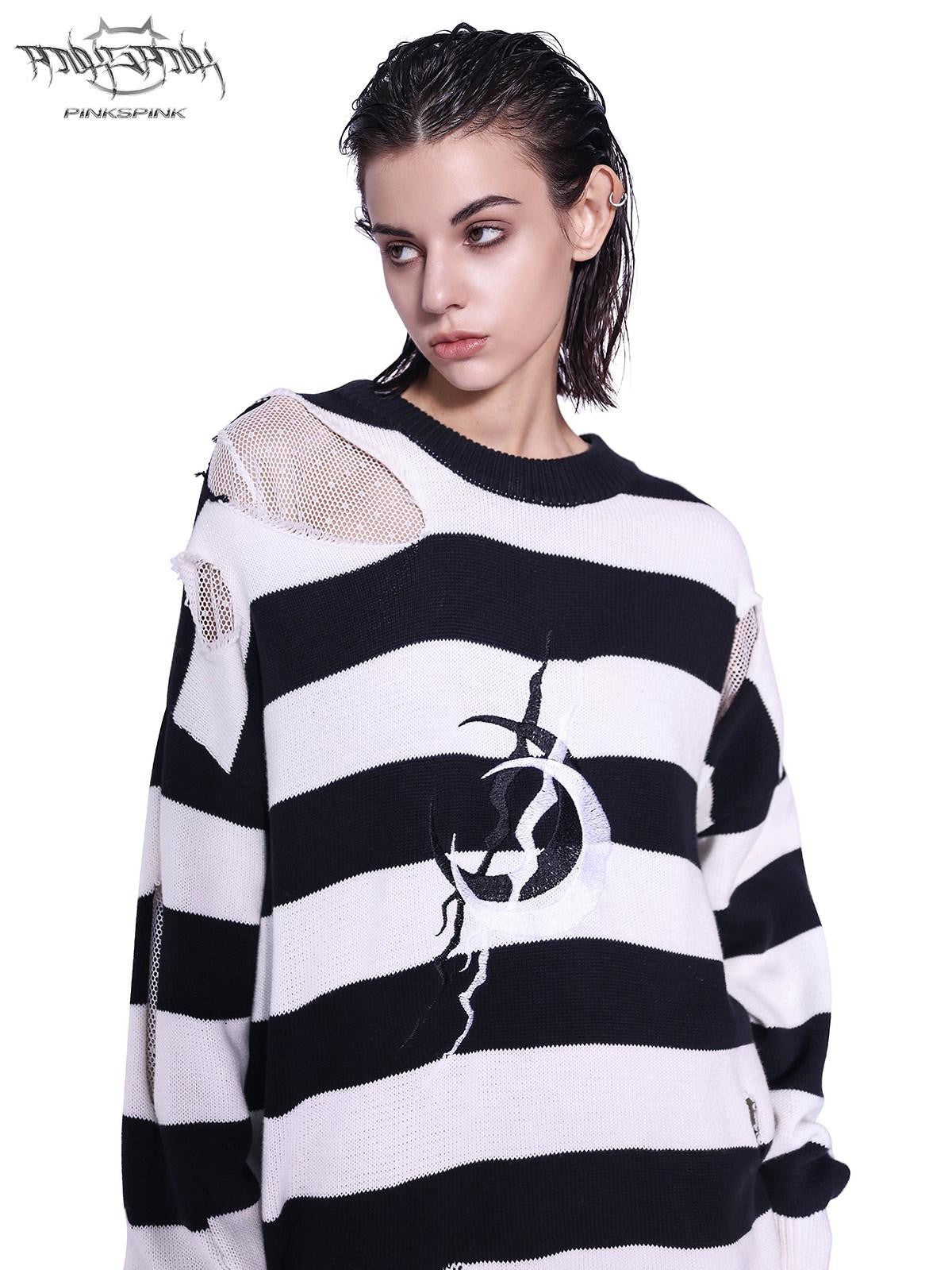 PINKSPINK Black White Striped Offset Embroidery Distressed Women's Knitted Sweaters