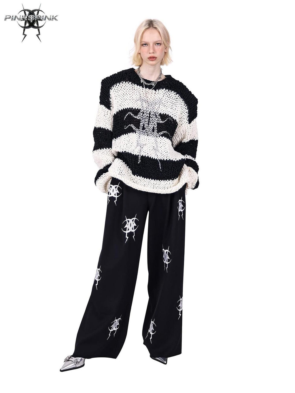 PINKSPINK Black White Striped Removable Shoulder Pads Women's Acrylic Pullover Sweaters