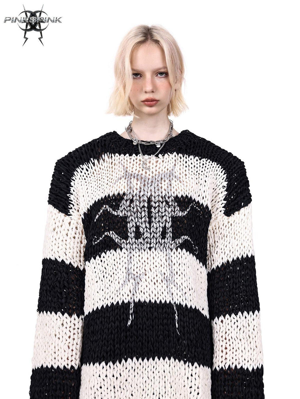 PINKSPINK Black White Striped Removable Shoulder Pads Women's Acrylic Pullover Sweaters