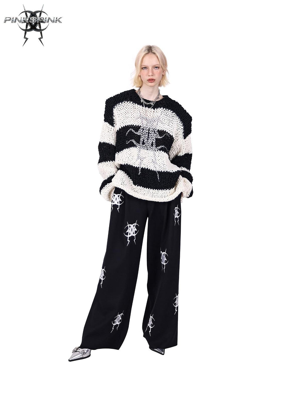 PINKSPINK Black White Striped Removable Shoulder Pads Women's Acrylic Pullover Sweaters
