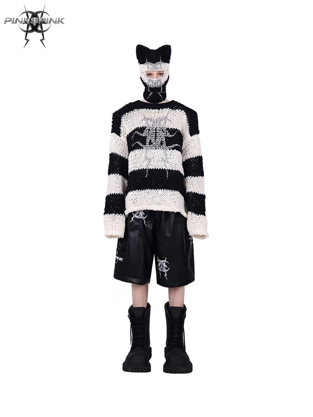 PINKSPINK Black White Striped Removable Shoulder Pads Women's Acrylic Pullover Sweaters