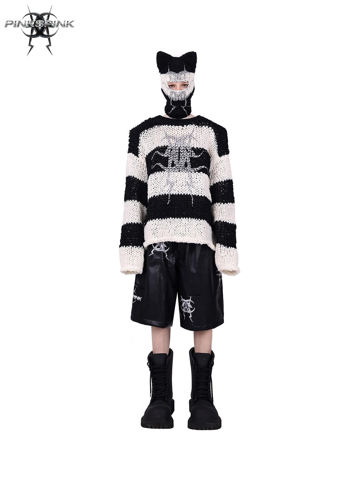 PINKSPINK Black White Striped Removable Shoulder Pads Women's Acrylic Pullover Sweaters
