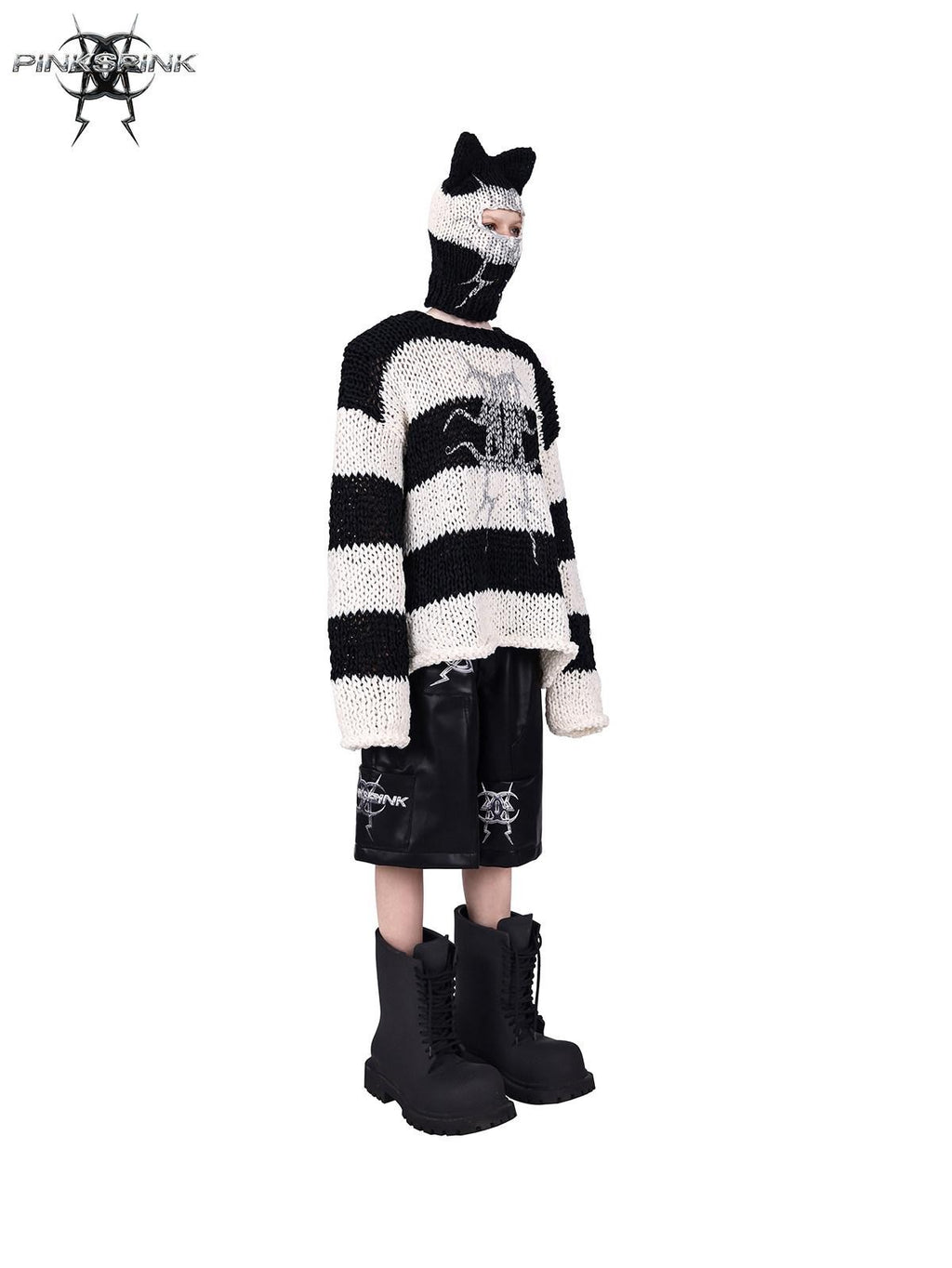PINKSPINK Black White Striped Removable Shoulder Pads Women's Acrylic Pullover Sweaters
