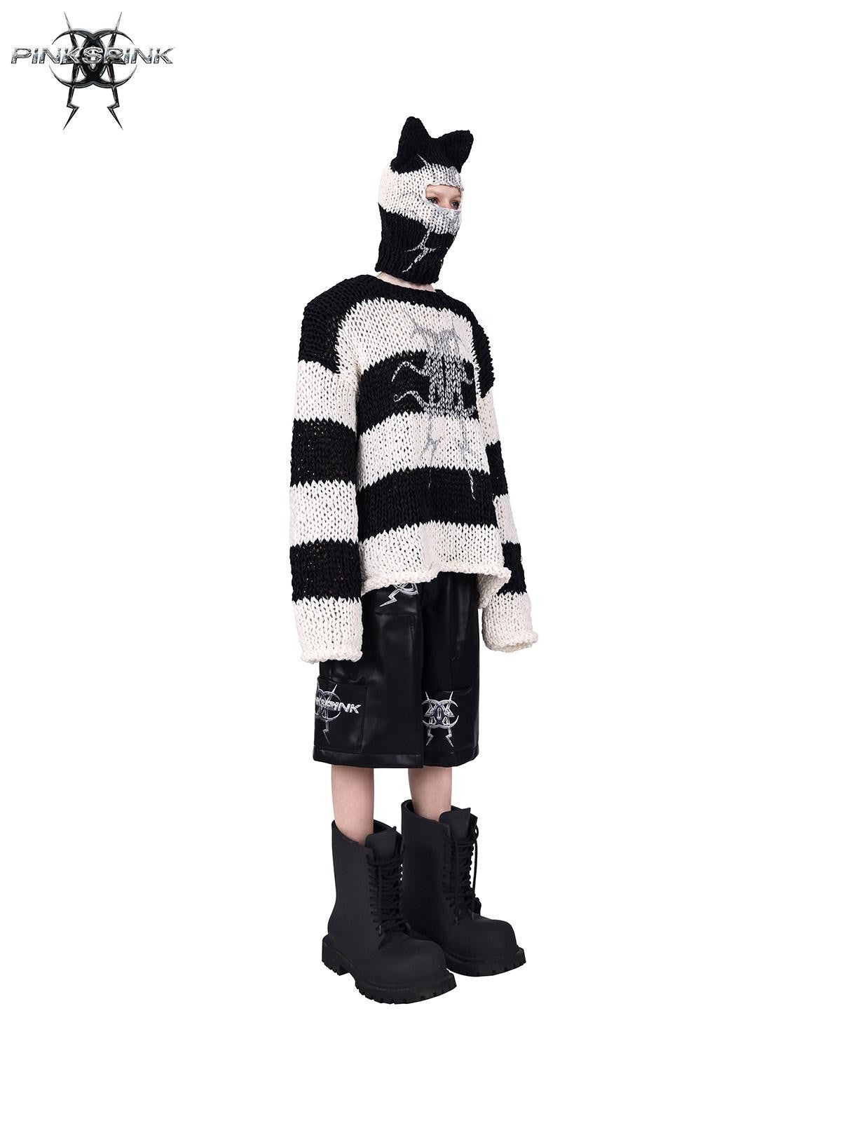 PINKSPINK Black White Striped Removable Shoulder Pads Women's Acrylic Pullover Sweaters