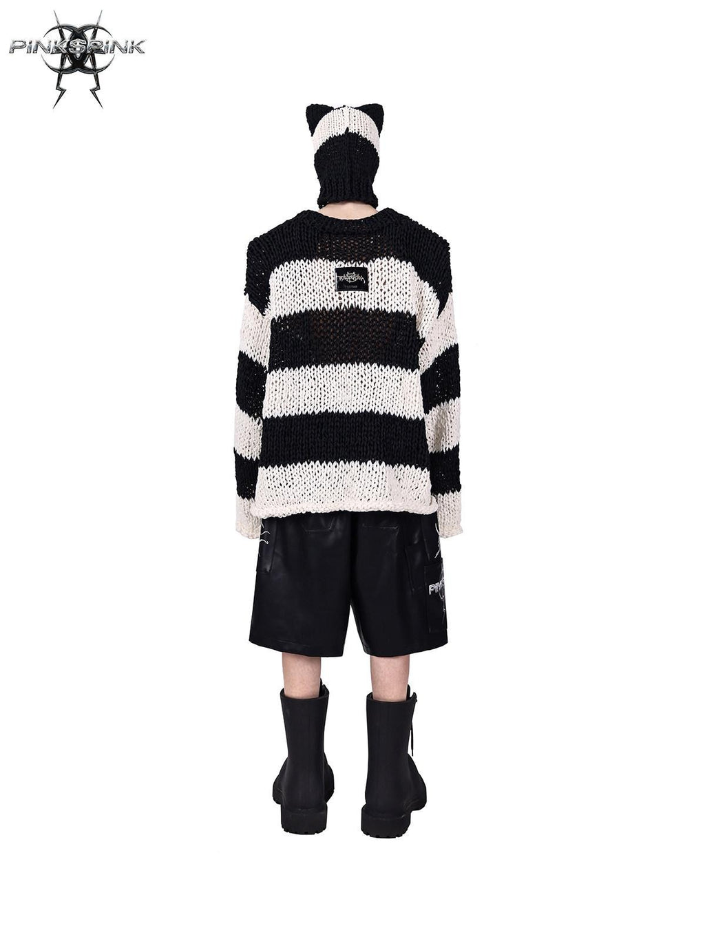 PINKSPINK Black White Striped Removable Shoulder Pads Women's Acrylic Pullover Sweaters