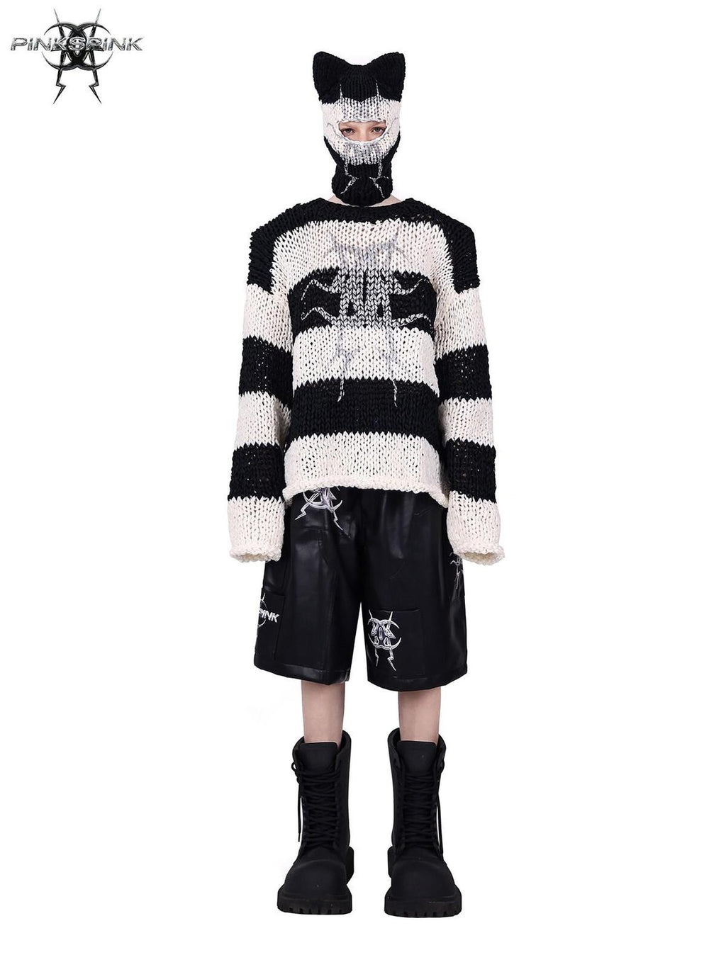 PINKSPINK Black White Striped Removable Shoulder Pads Women's Acrylic Pullover Sweaters
