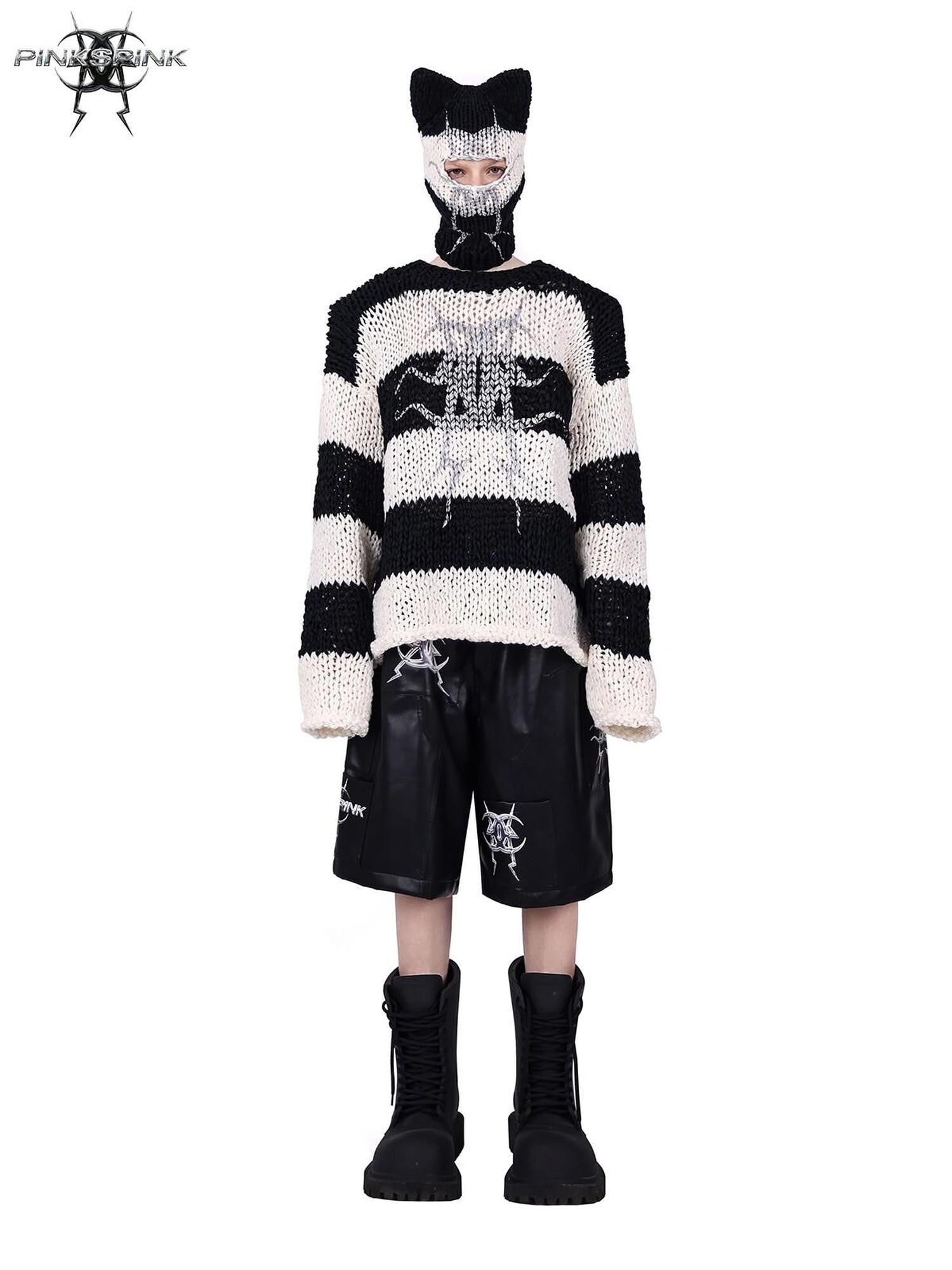 PINKSPINK Black White Striped Removable Shoulder Pads Women's Acrylic Pullover Sweaters