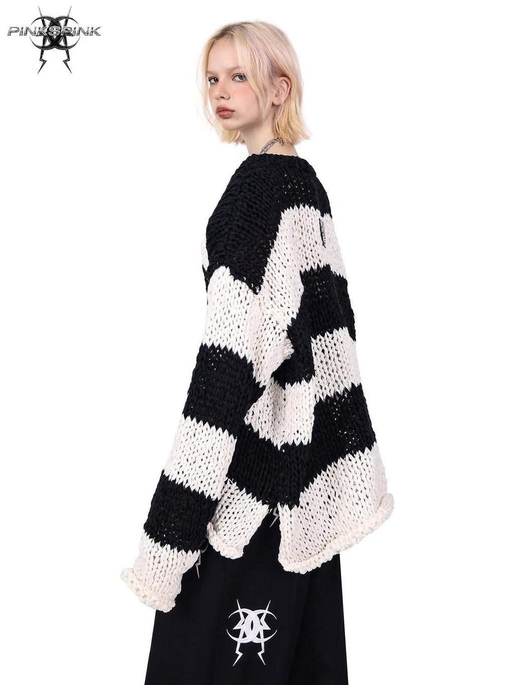 PINKSPINK Black White Striped Removable Shoulder Pads Women's Acrylic Pullover Sweaters
