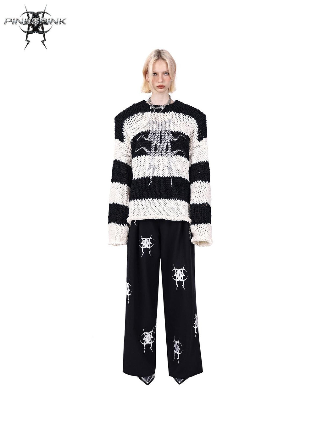 PINKSPINK Black White Striped Removable Shoulder Pads Women's Acrylic Pullover Sweaters