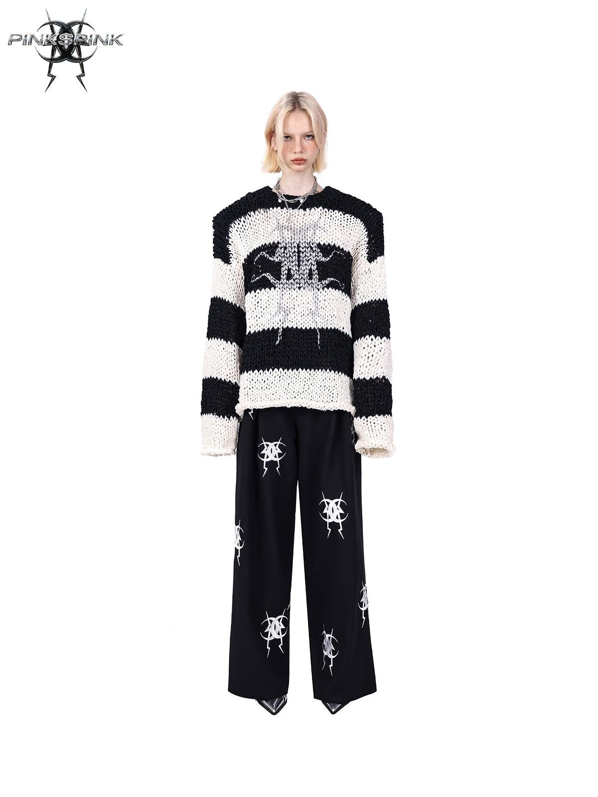 PINKSPINK Black White Striped Removable Shoulder Pads Women's Acrylic Pullover Sweaters