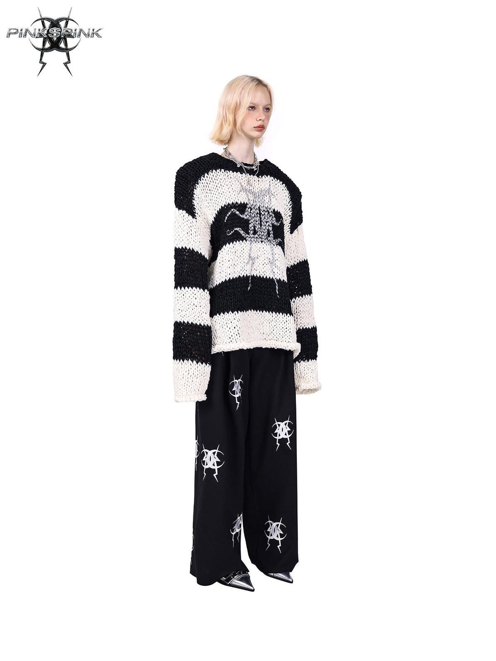PINKSPINK Black White Striped Removable Shoulder Pads Women's Acrylic Pullover Sweaters