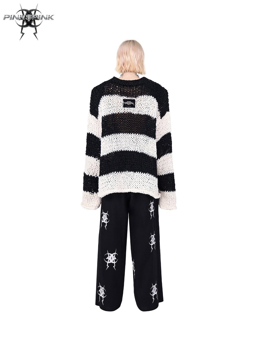 PINKSPINK Black White Striped Removable Shoulder Pads Women's Acrylic Pullover Sweaters