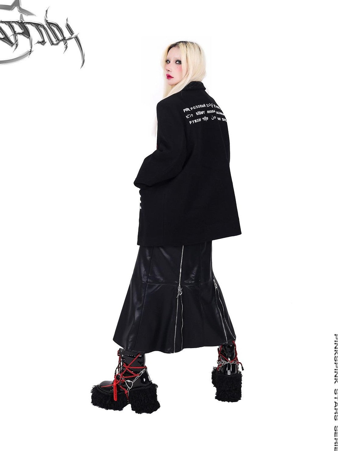 PINKSPINK Black Zipper Patchwork Embroidered A Line Women's Pu Leather Skirts