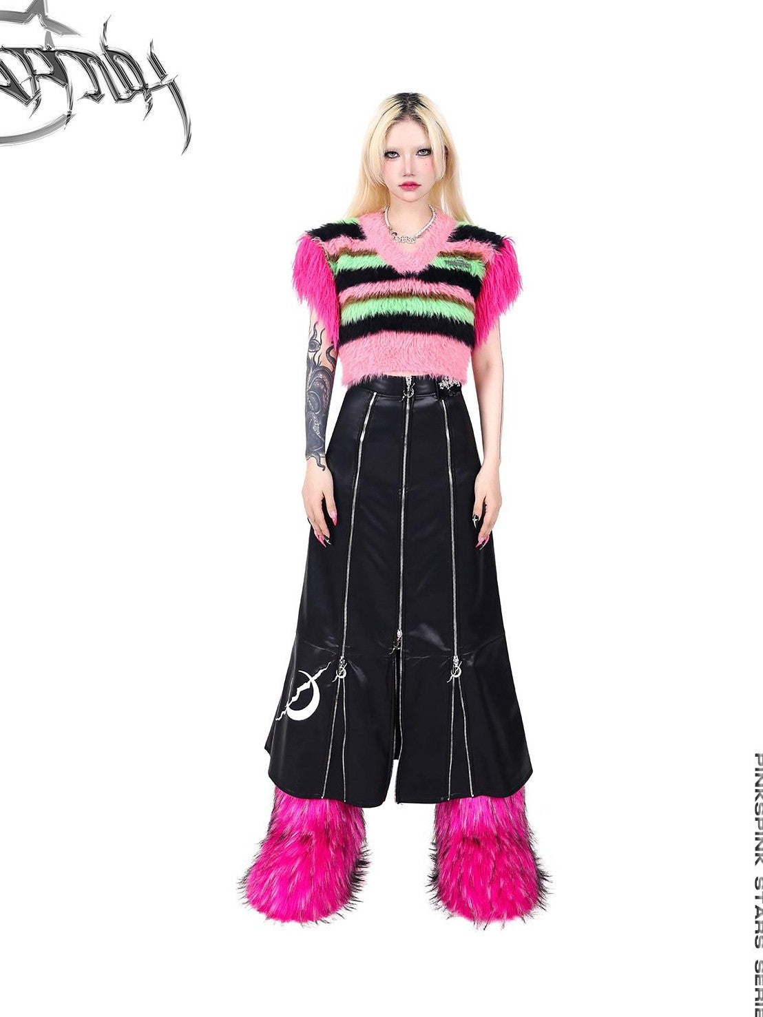PINKSPINK Black Zipper Patchwork Embroidered A Line Women's Pu Leather Skirts