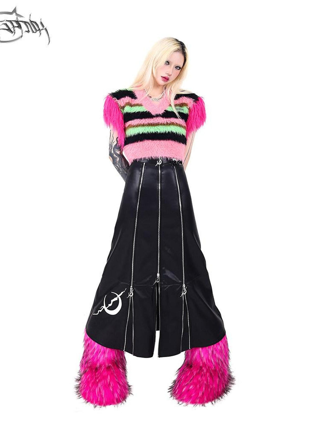 PINKSPINK Black Zipper Patchwork Embroidered A Line Women's Pu Leather Skirts