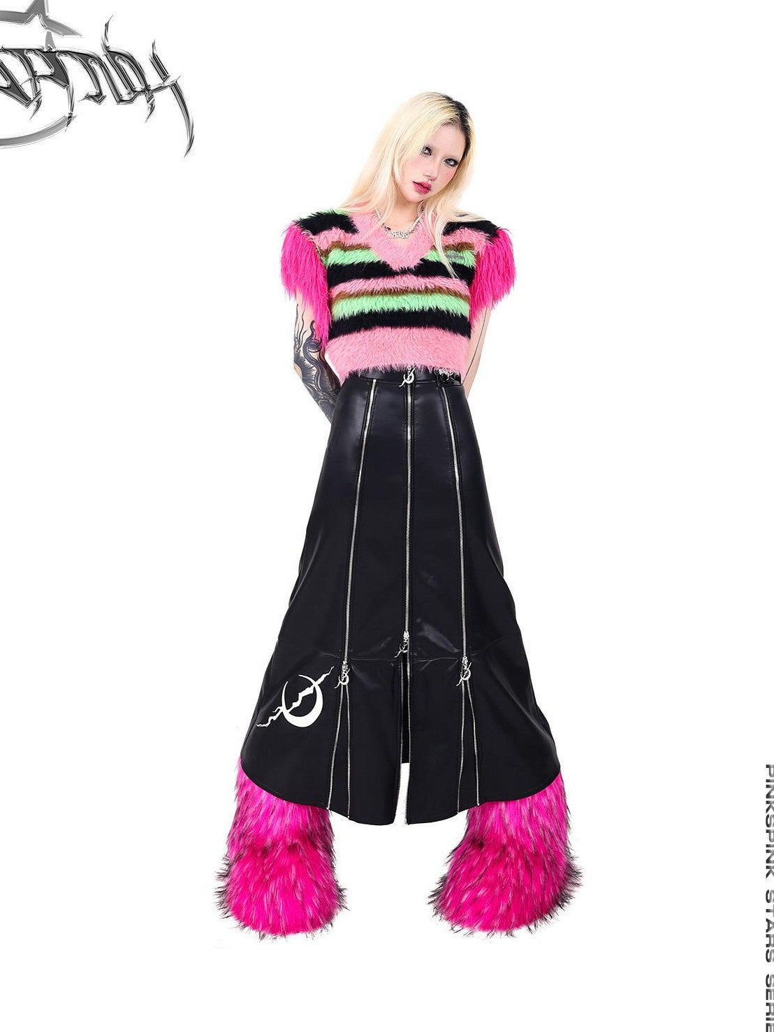 PINKSPINK Black Zipper Patchwork Embroidered A Line Women's Pu Leather Skirts