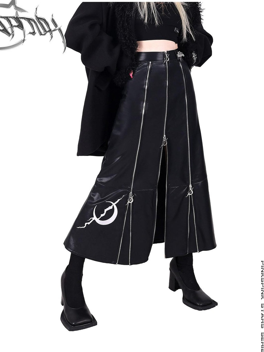 PINKSPINK Black Zipper Patchwork Embroidered A Line Women's Pu Leather Skirts