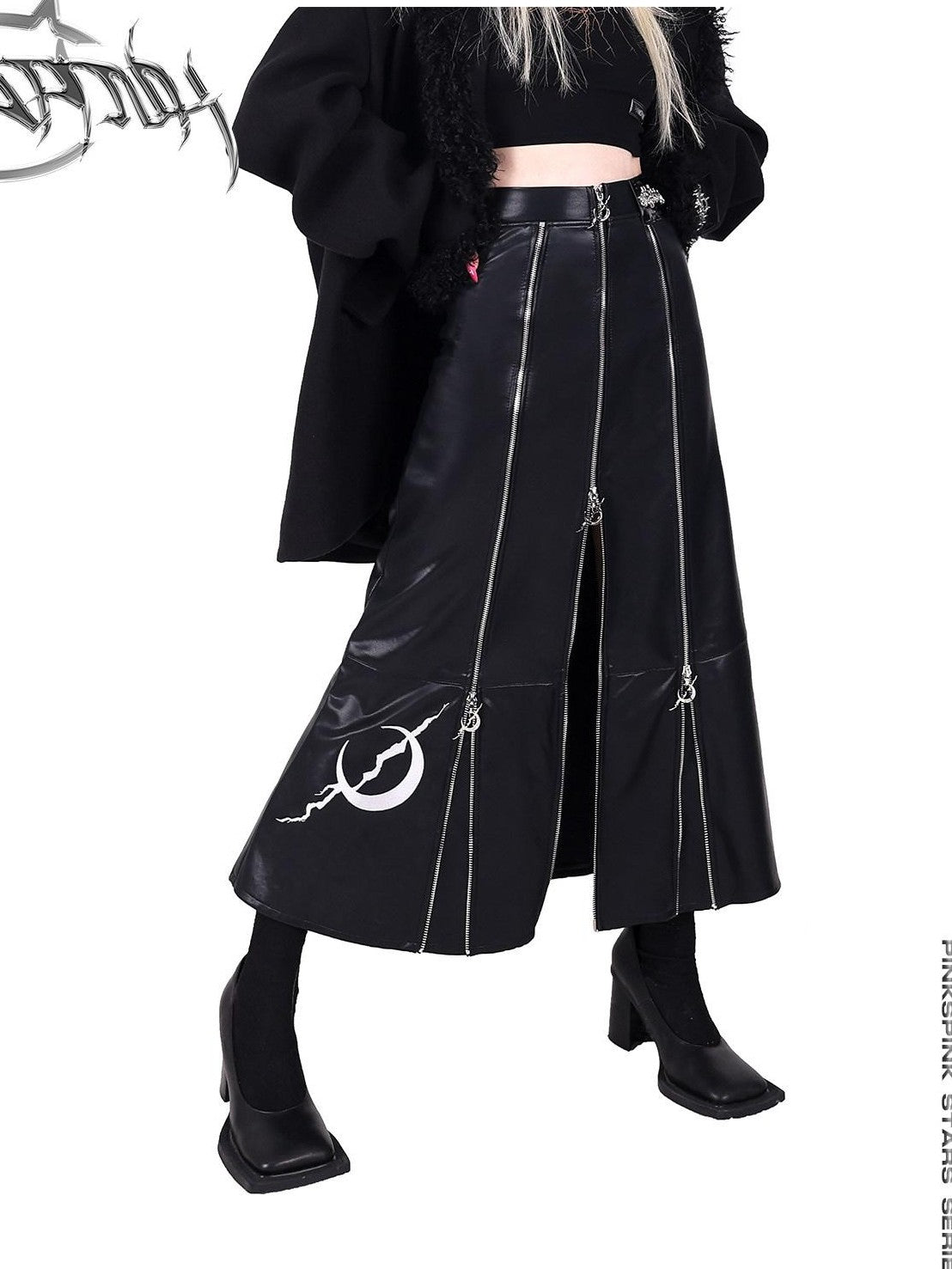 PINKSPINK Black Zipper Patchwork Embroidered A Line Women's Pu Leather Skirts