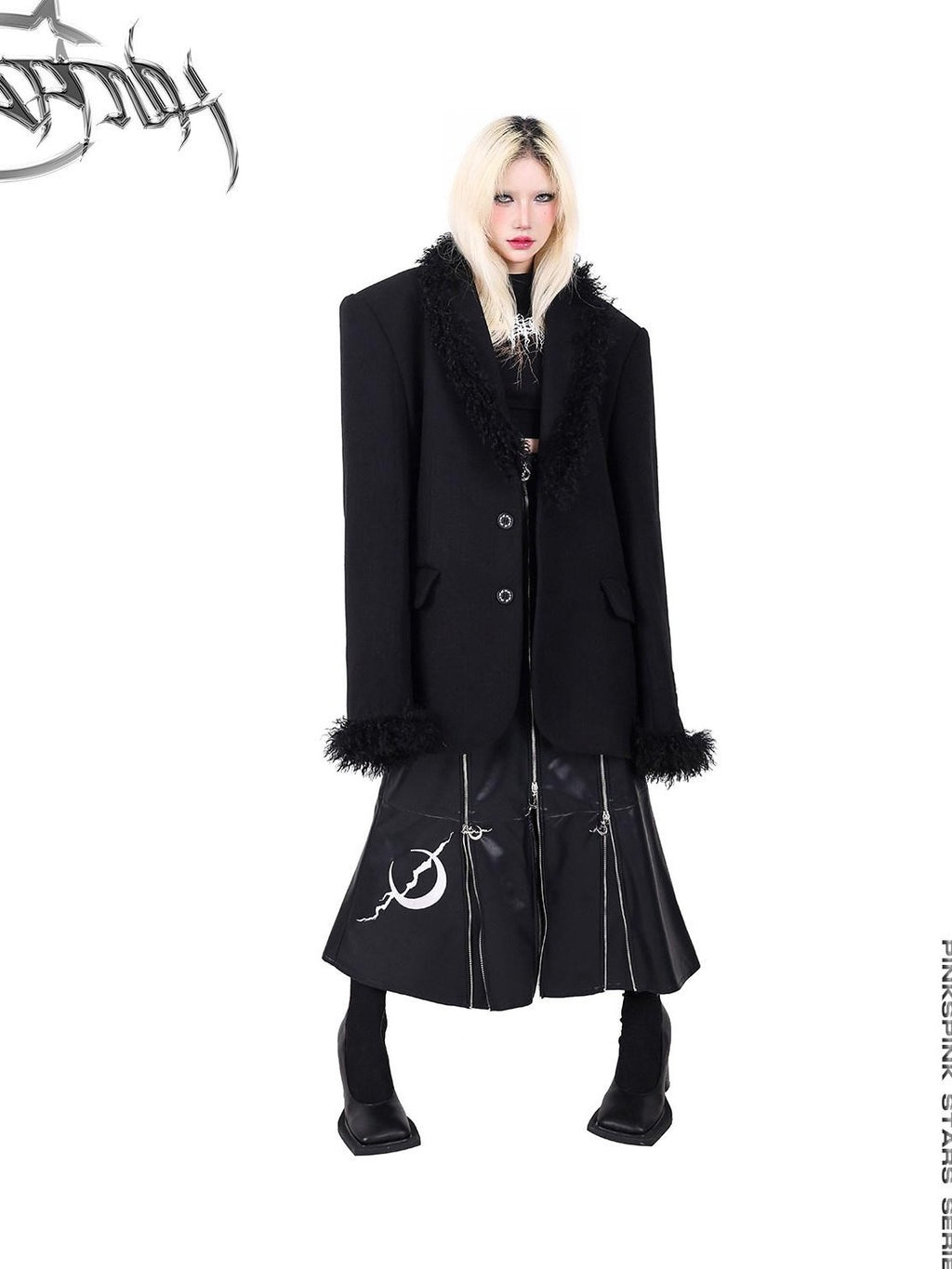 PINKSPINK Black Zipper Patchwork Embroidered A Line Women's Pu Leather Skirts