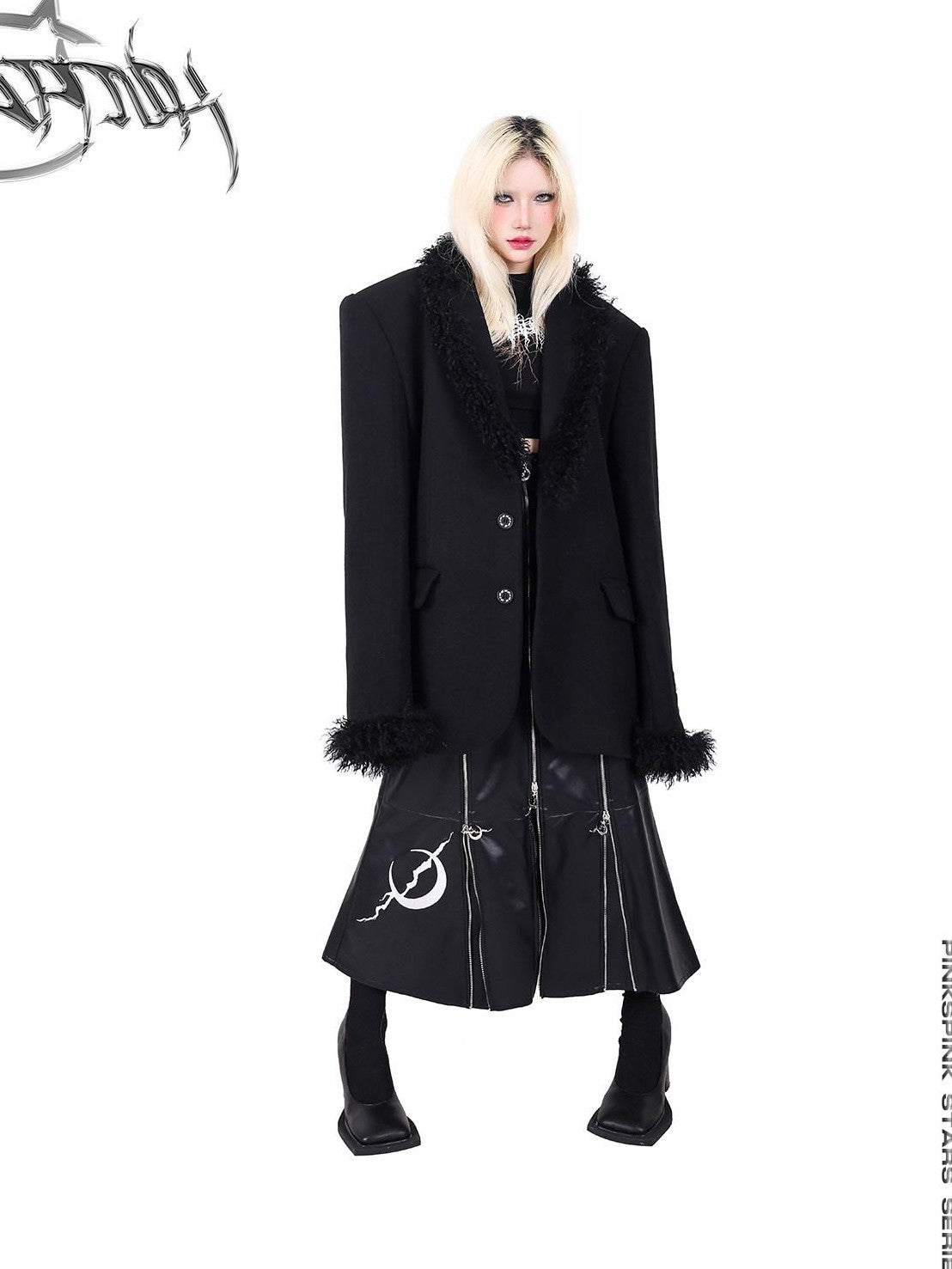 PINKSPINK Black Zipper Patchwork Embroidered A Line Women's Pu Leather Skirts