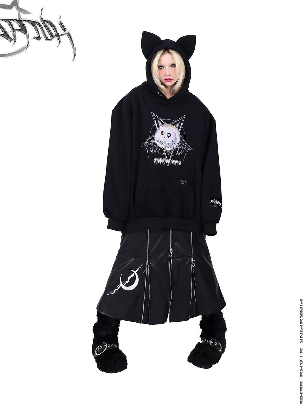 PINKSPINK Black Zipper Patchwork Embroidered A Line Women's Pu Leather Skirts