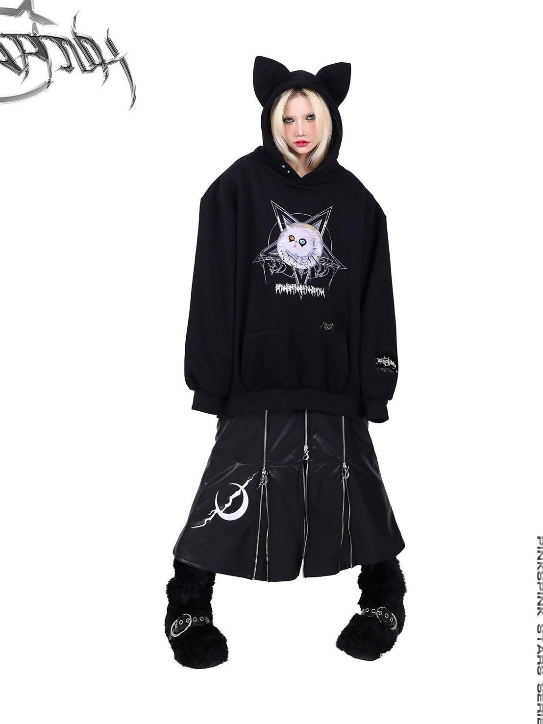 PINKSPINK Black Zipper Patchwork Embroidered A Line Women's Pu Leather Skirts