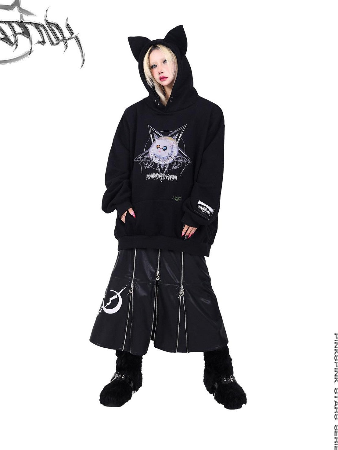 PINKSPINK Black Zipper Patchwork Embroidered A Line Women's Pu Leather Skirts