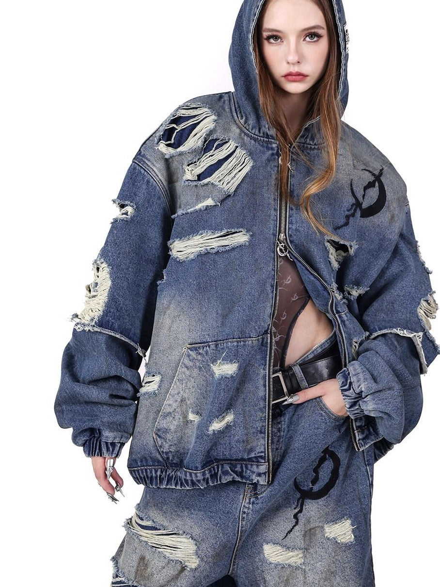 PINKSPINK Blue Double Layer Distressed Ripped Oversized Women's Cotton Denim Jackets