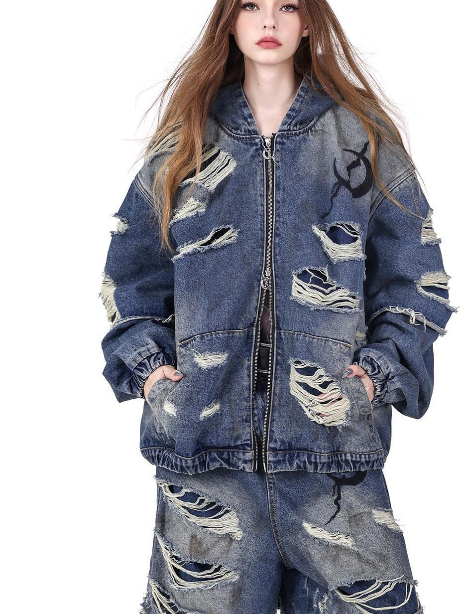 PINKSPINK Blue Double Layer Distressed Ripped Oversized Women's Cotton Denim Jackets