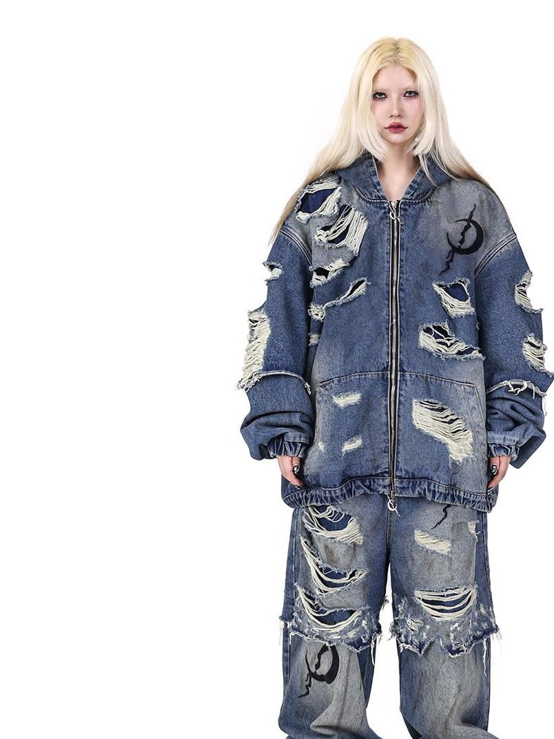 PINKSPINK Blue Double Layer Distressed Ripped Oversized Women's Cotton Denim Jackets