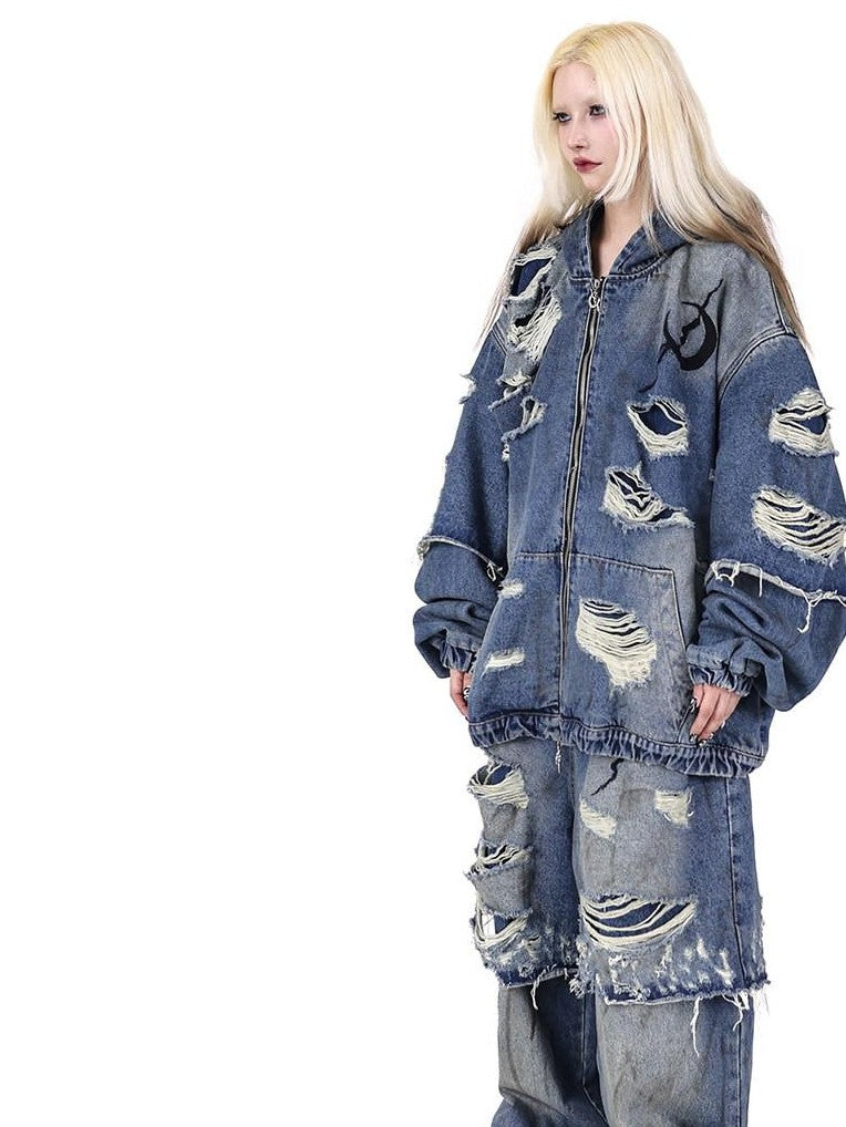 PINKSPINK Blue Double Layer Distressed Ripped Oversized Women's Cotton Denim Jackets