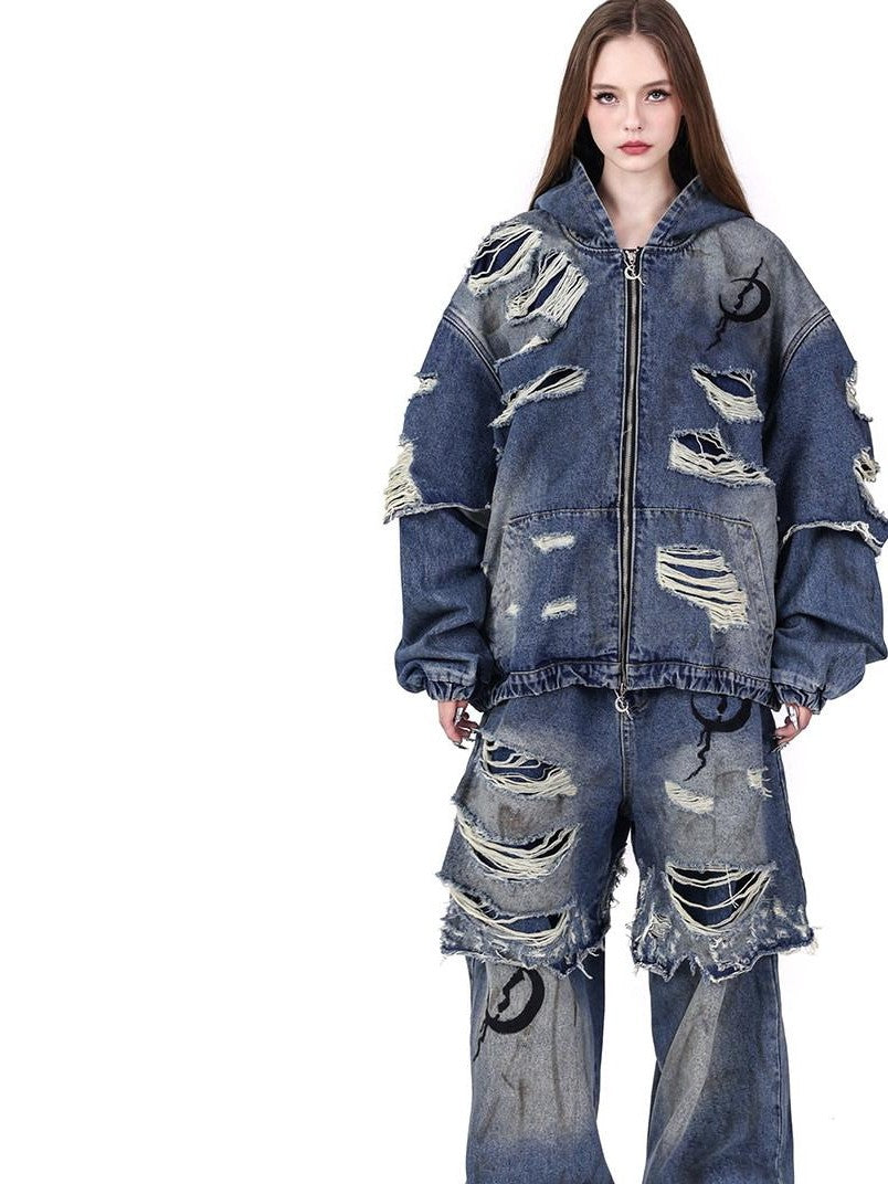 PINKSPINK Blue Double Layer Distressed Ripped Oversized Women's Cotton Denim Jackets