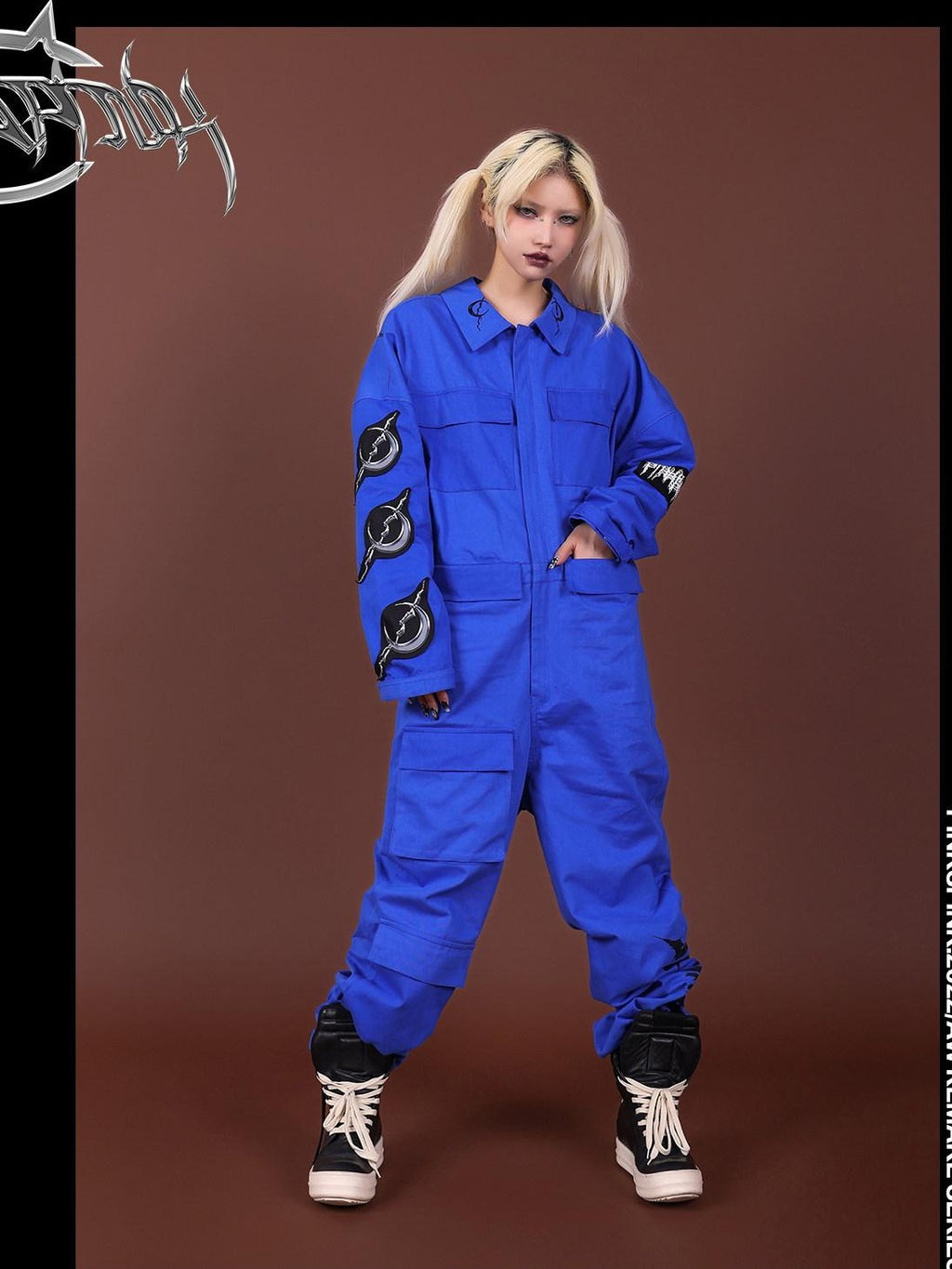 PINKSPINK Blue Patchwork Applique Embroidered Multi Pocket Women's Cotton Cargo Pants