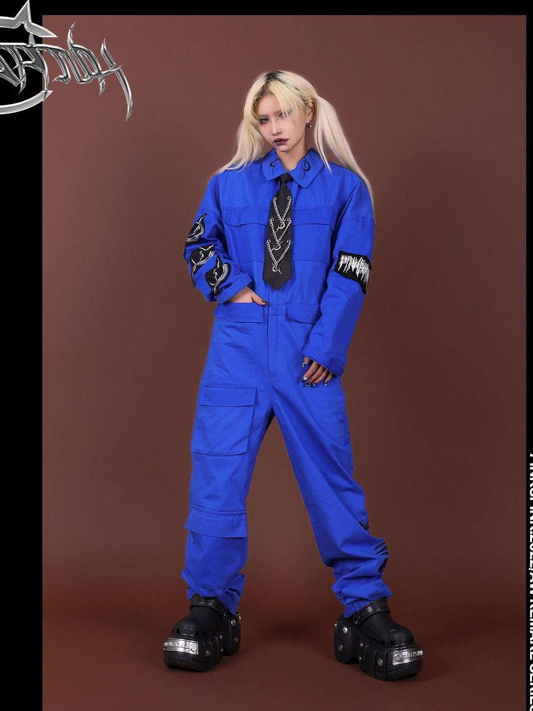 PINKSPINK Blue Patchwork Applique Embroidered Multi Pocket Women's Cotton Cargo Pants