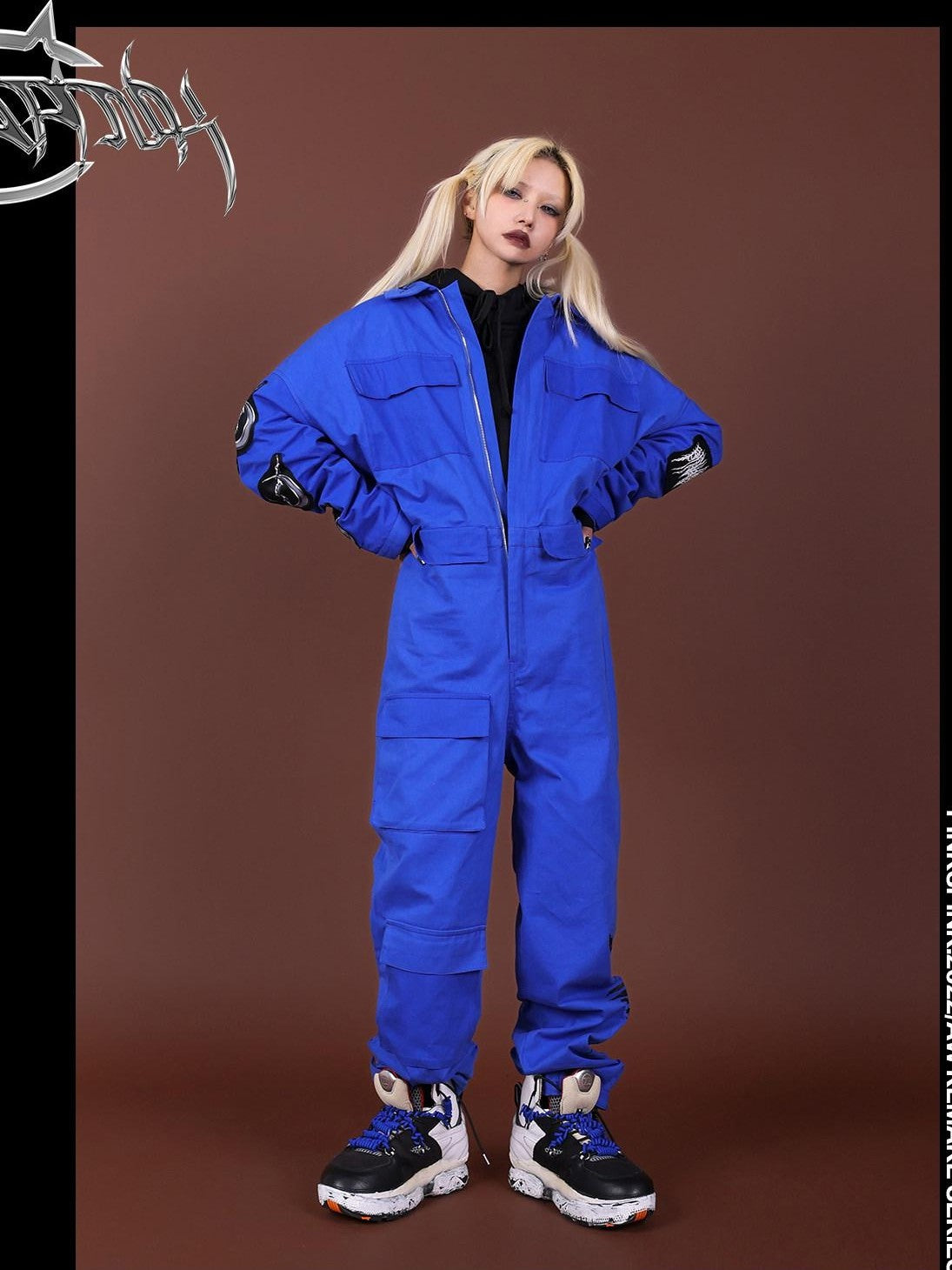 PINKSPINK Blue Patchwork Applique Embroidered Multi Pocket Women's Cotton Cargo Pants