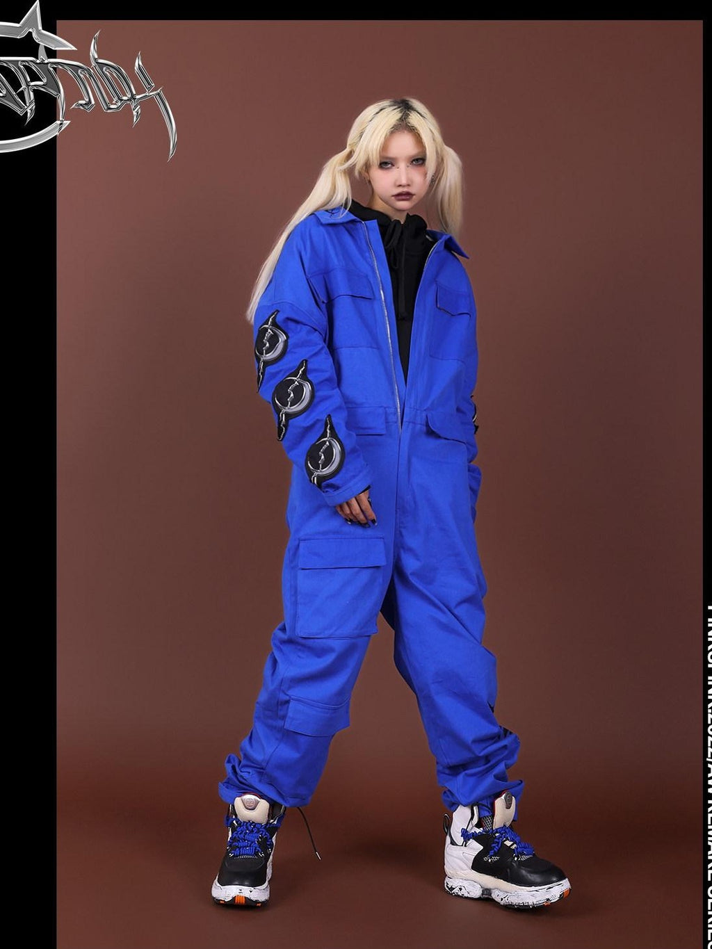 PINKSPINK Blue Patchwork Applique Embroidered Multi Pocket Women's Cotton Cargo Pants