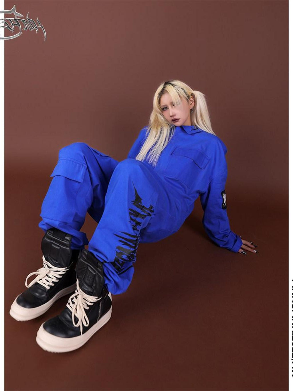 PINKSPINK Blue Patchwork Applique Embroidered Multi Pocket Women's Cotton Cargo Pants