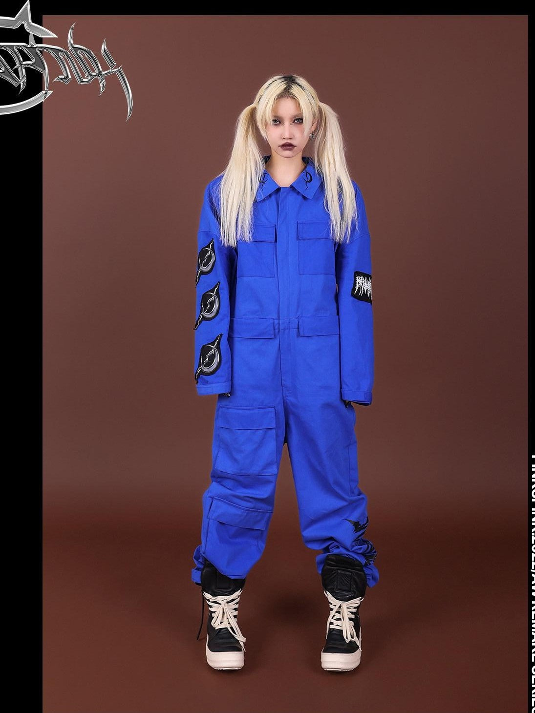 PINKSPINK Blue Patchwork Applique Embroidered Multi Pocket Women's Cotton Cargo Pants