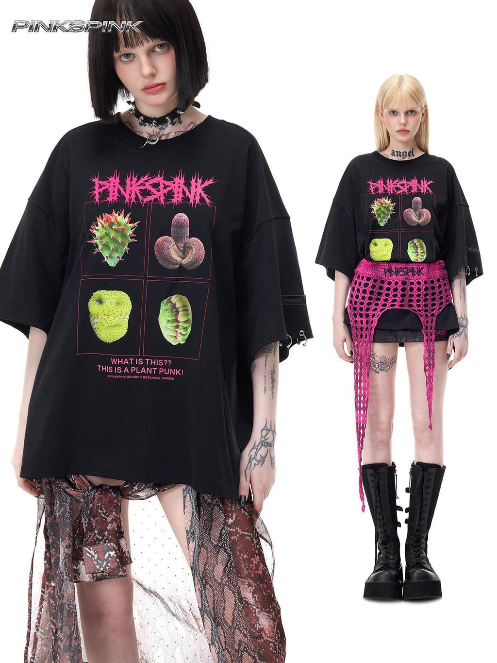 PINKSPINK Botanical Poster Punk Rock Print Women's Cotton Oversized T-shirts