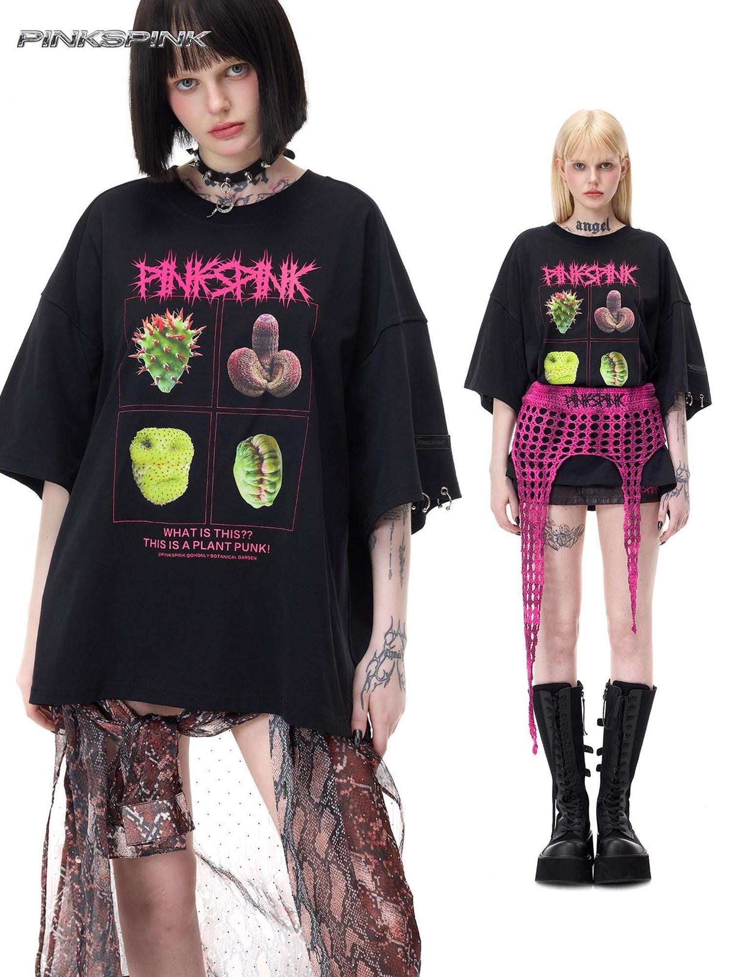 PINKSPINK Botanical Poster Punk Rock Print Women's Cotton Oversized T-shirts