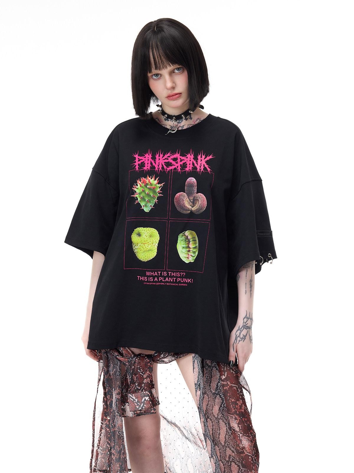 PINKSPINK Botanical Poster Punk Rock Print Women's Cotton Oversized T-shirts