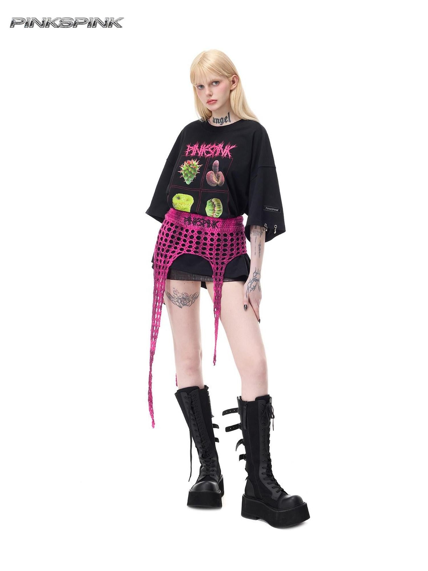 PINKSPINK Botanical Poster Punk Rock Print Women's Cotton Oversized T-shirts