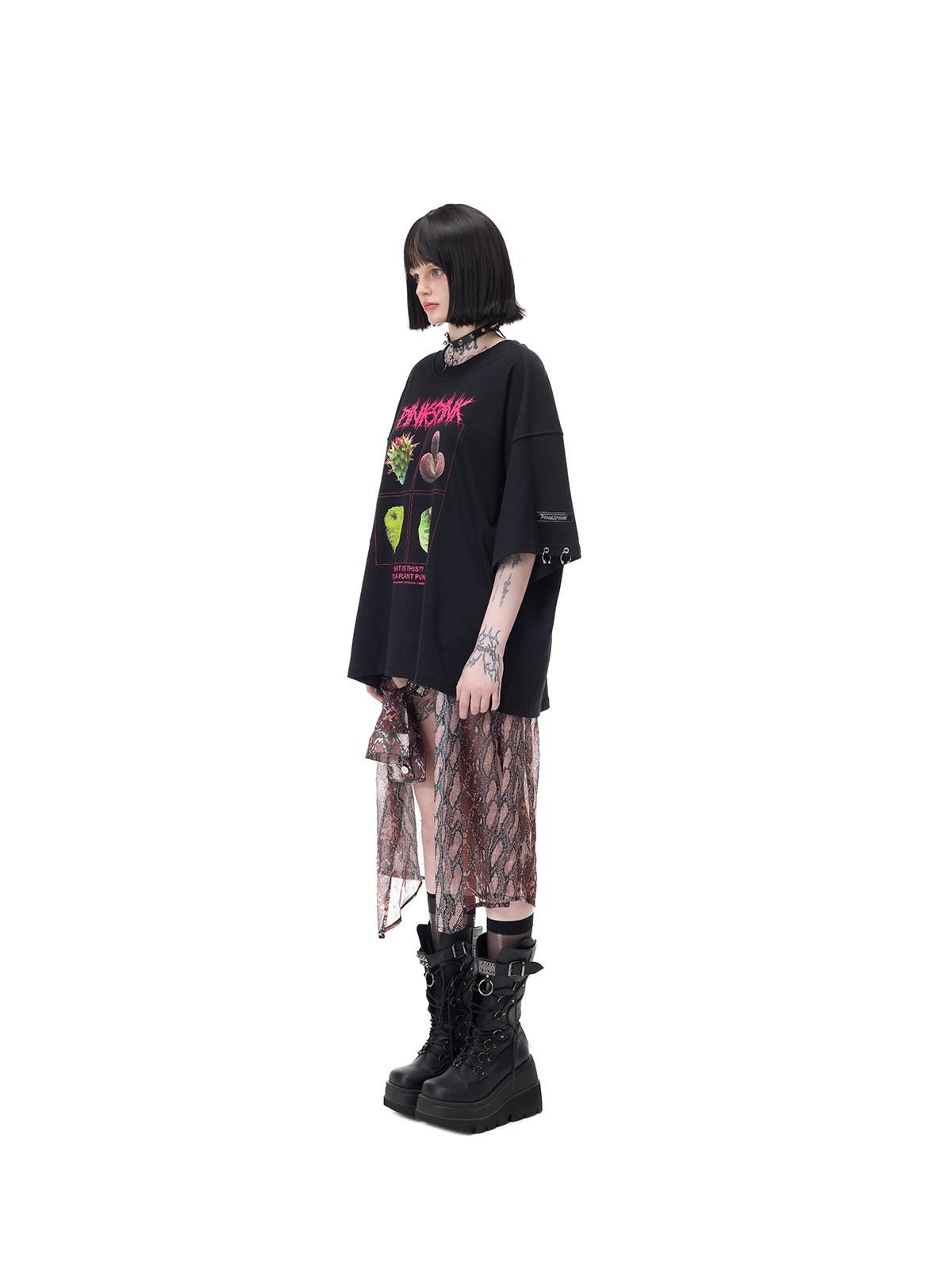 PINKSPINK Botanical Poster Punk Rock Print Women's Cotton Oversized T-shirts