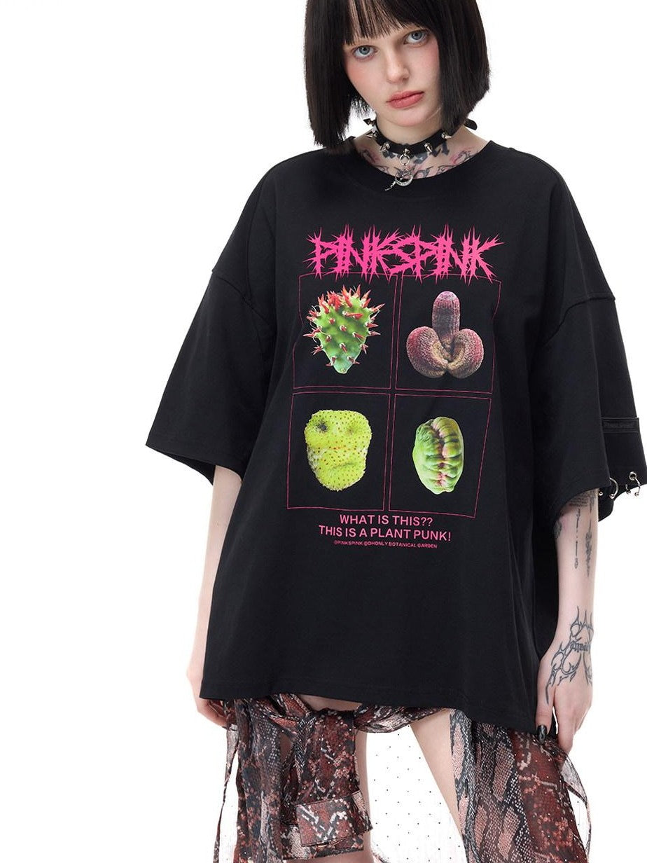 PINKSPINK Botanical Punk Poster Print Cartoon Graphic Women's Cotton Oversized T-shirts