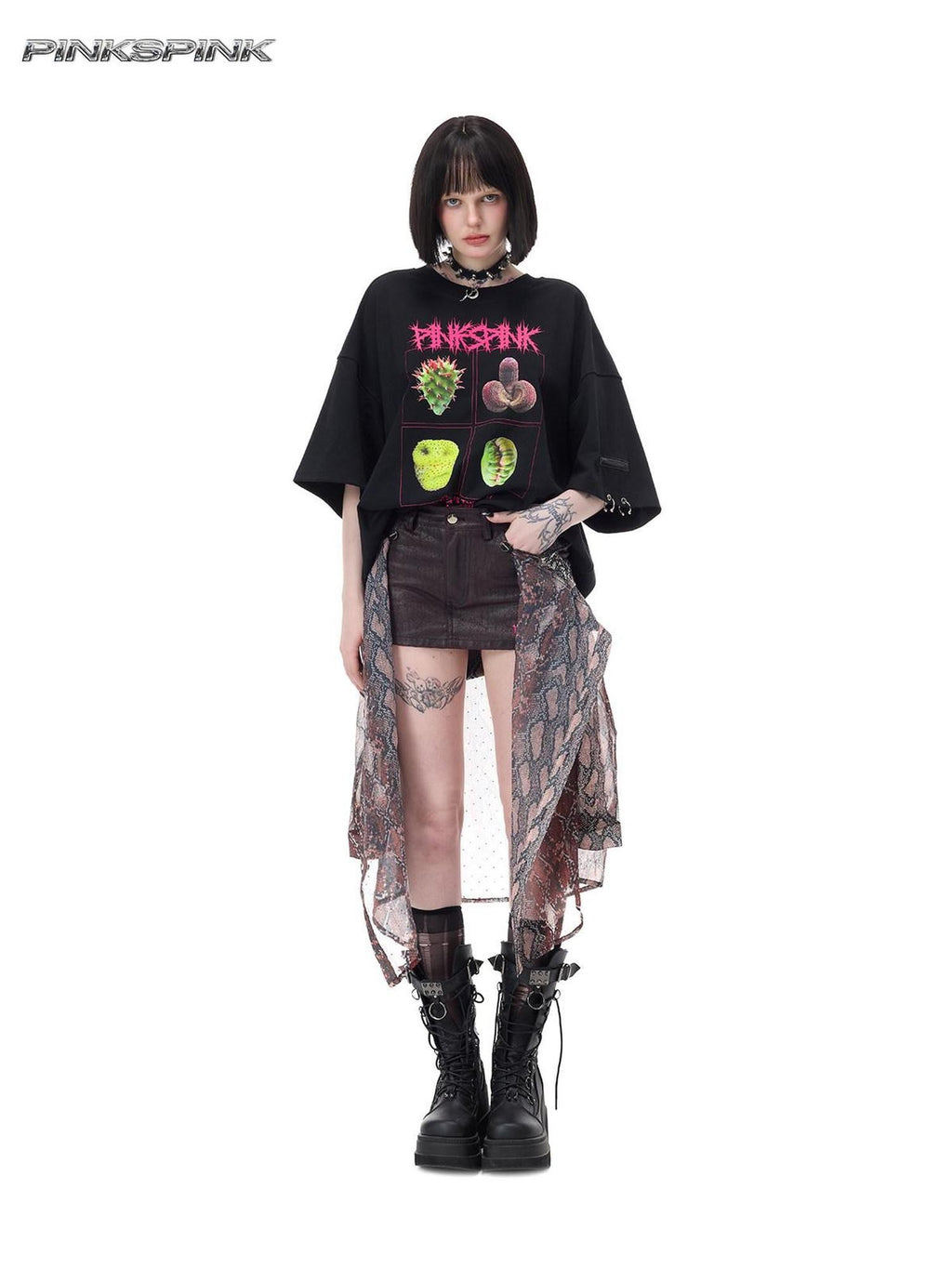 PINKSPINK Botanical Punk Poster Print Cartoon Graphic Women's Cotton Oversized T-shirts