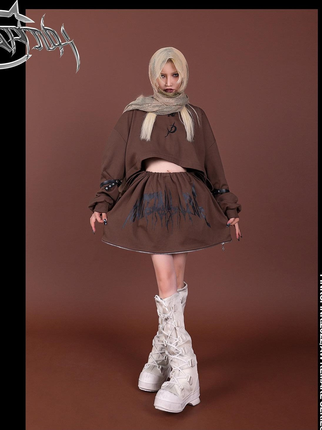 PINKSPINK Brown Embroidered Hooded Zip Convertible Women's Cotton Matching Skirt Sets