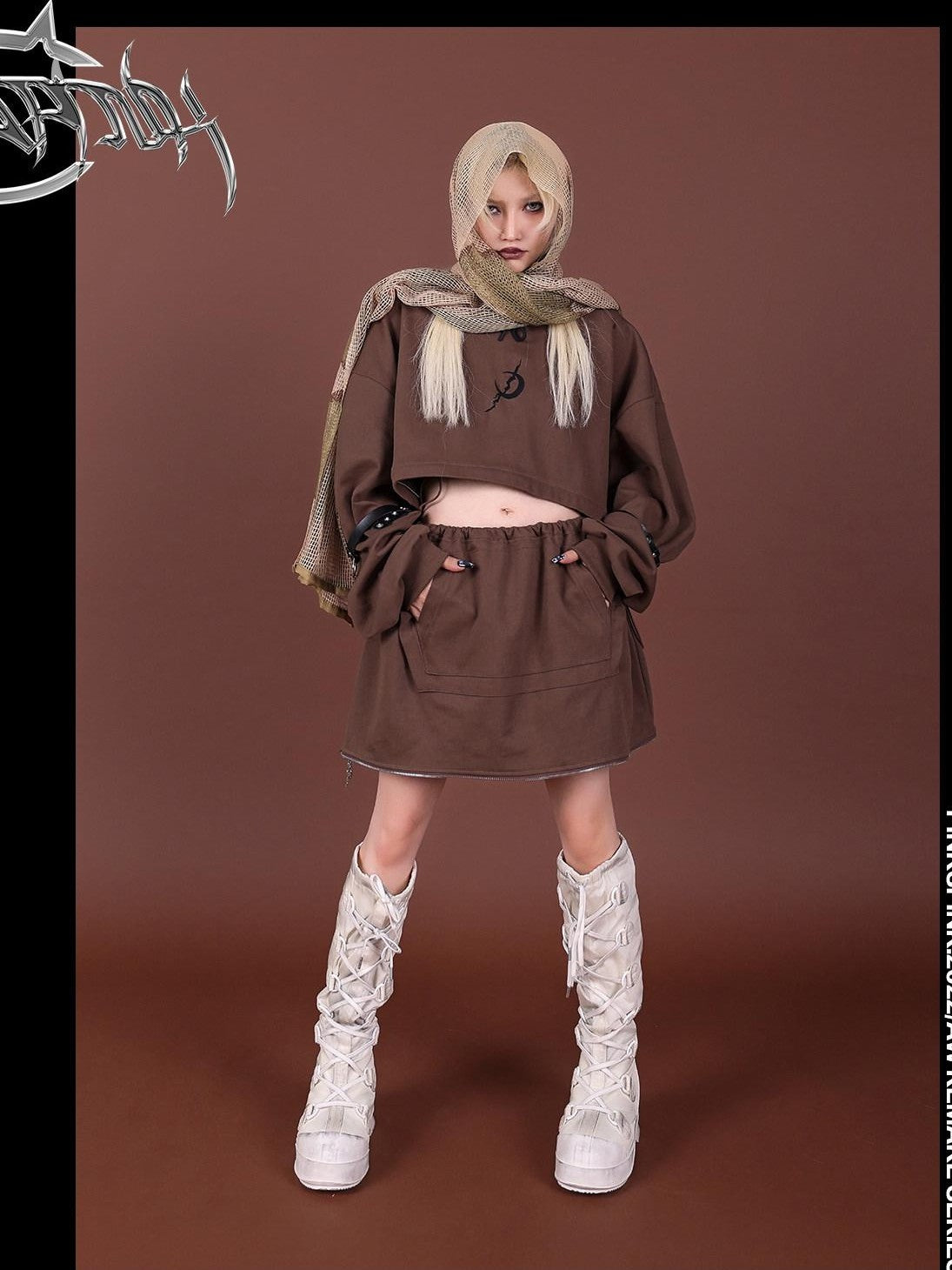 PINKSPINK Brown Embroidered Hooded Zip Convertible Women's Cotton Matching Skirt Sets