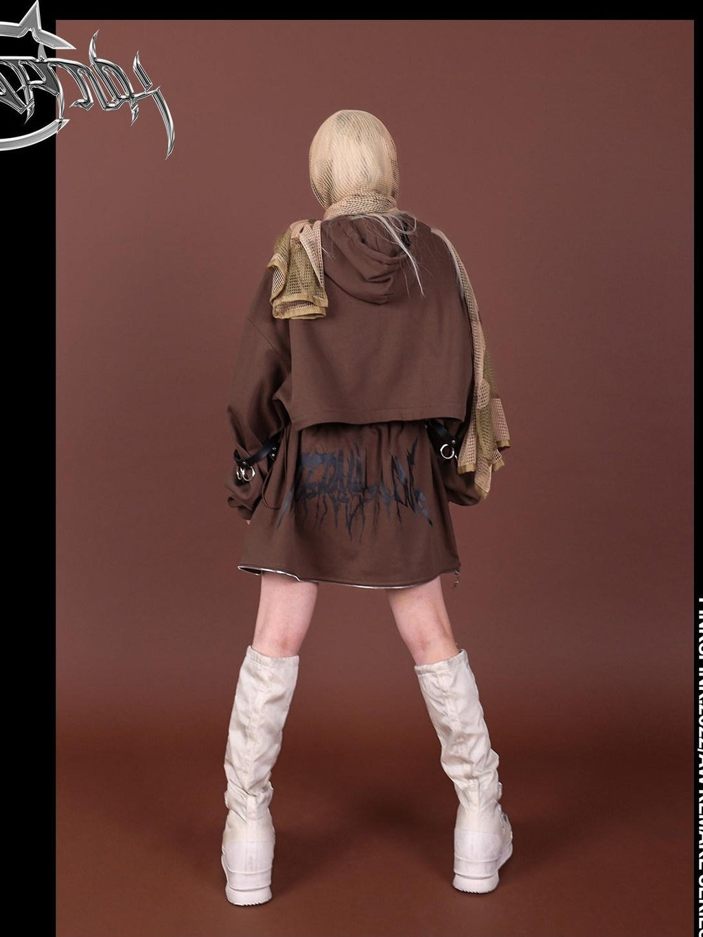 PINKSPINK Brown Embroidered Hooded Zip Convertible Women's Cotton Matching Skirt Sets