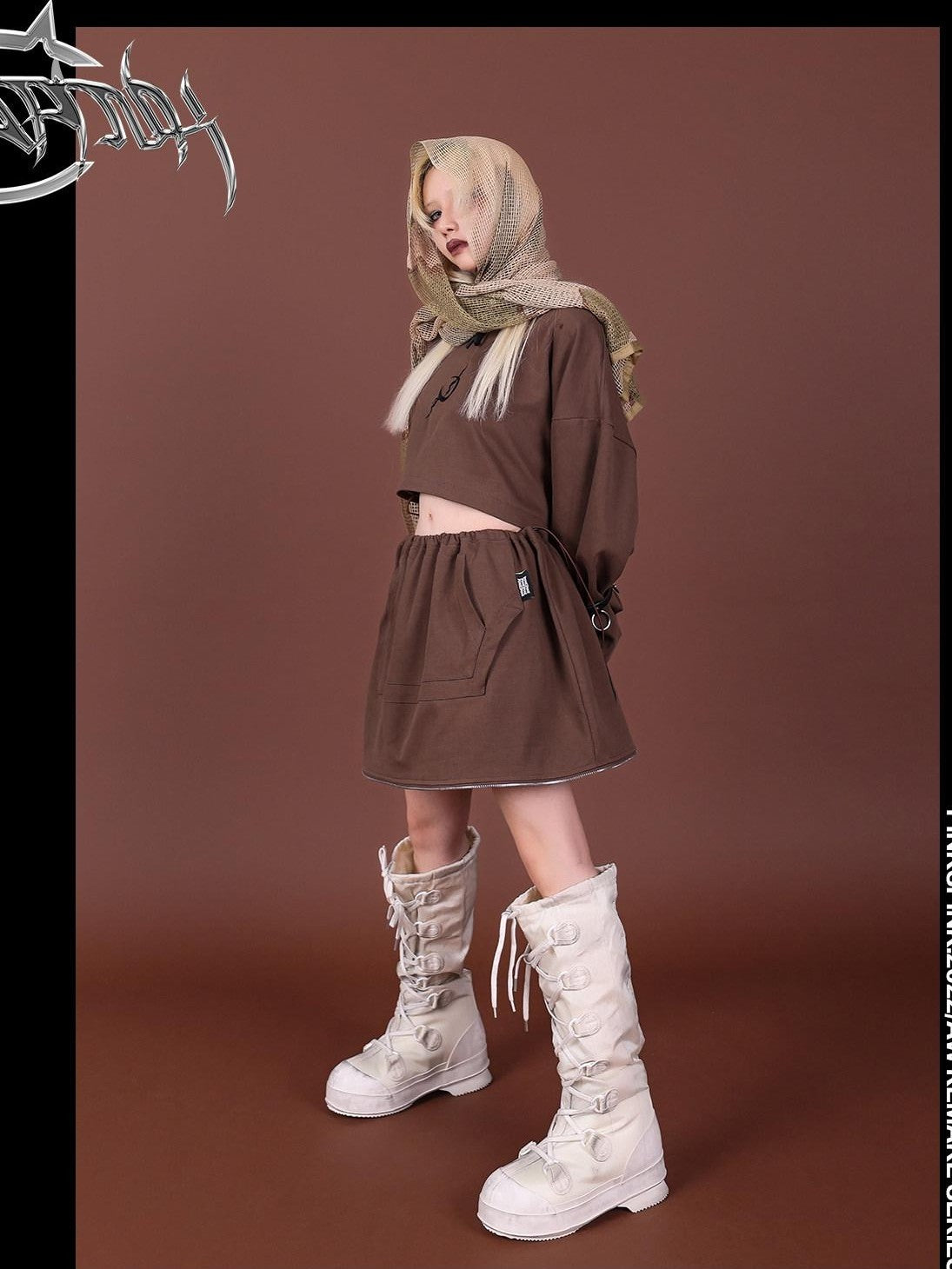 PINKSPINK Brown Embroidered Hooded Zip Convertible Women's Cotton Matching Skirt Sets